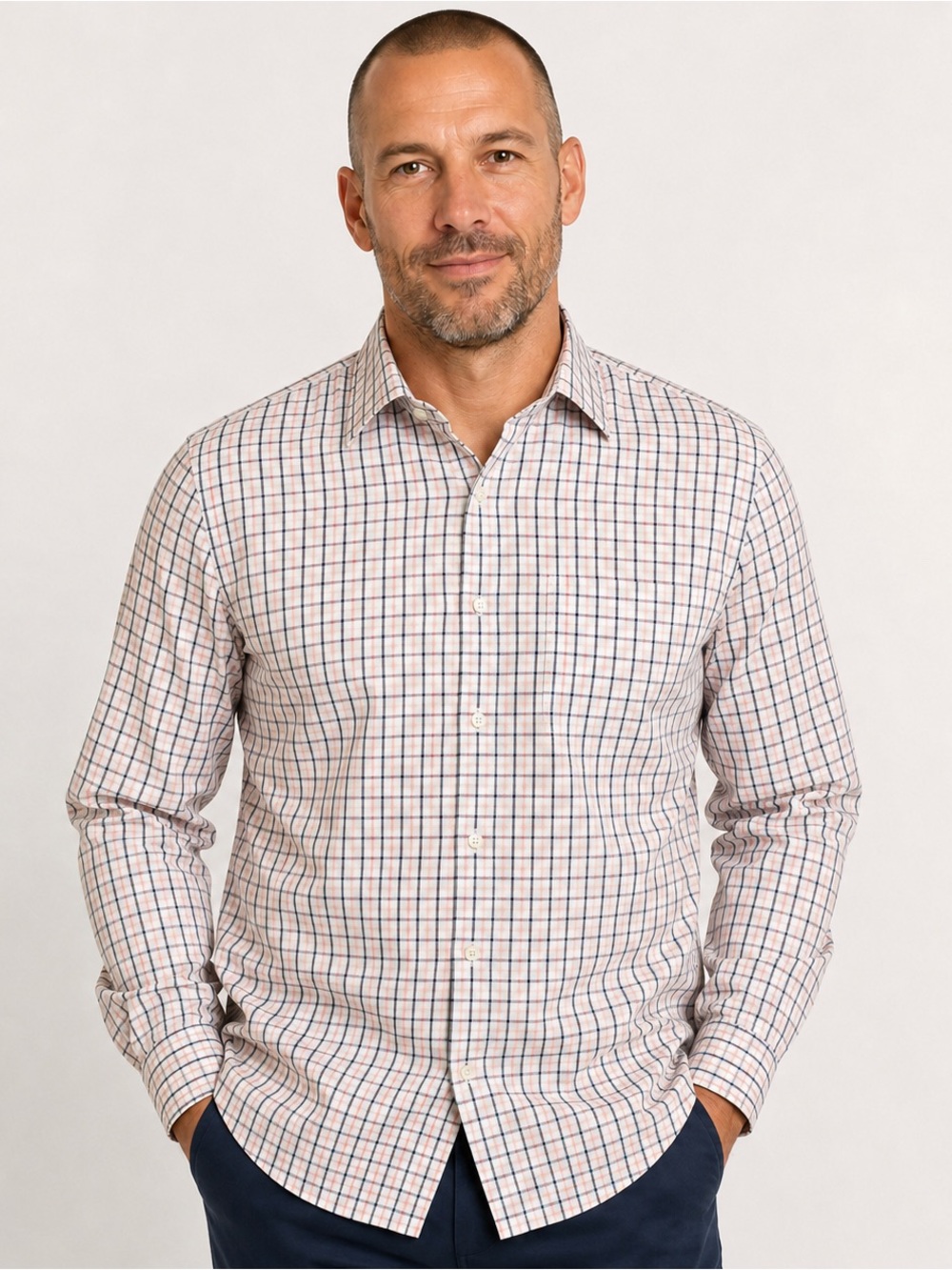 Stafford Men’s 17 36/37 Pink Blue Plaid Dress Shirt